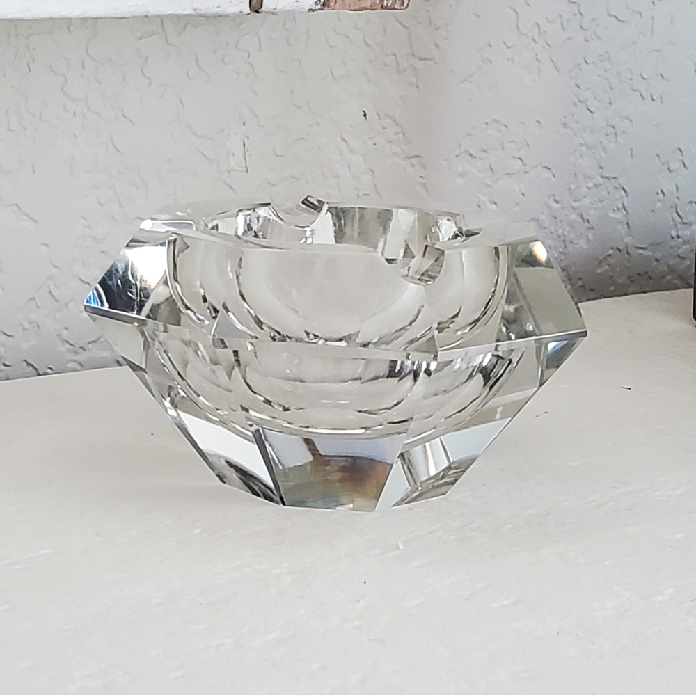Mid Century Modern Faceted Murano Glass Ashtray, Octagon Faceted, EUC
